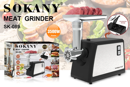 Месомелачка Sokany SK-089, 3500W, Многофункционална, Меден мотор, Лесна за употреба, Сив